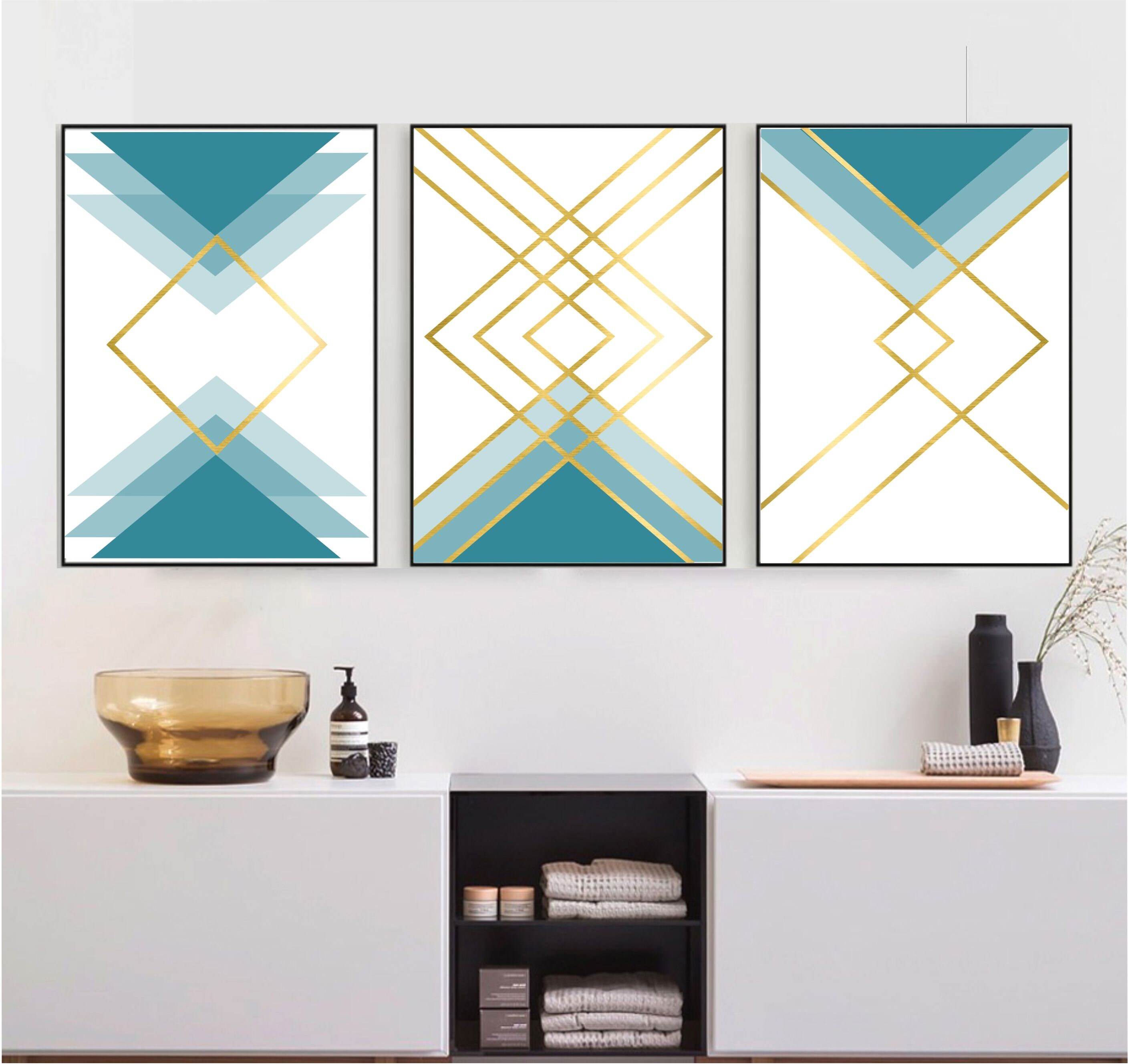 Set of 3 Geometric Prints Blue Gold Printable Wall Art Set - Etsy