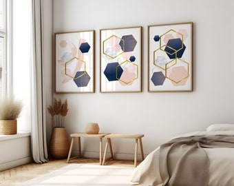 Set of 3 geometric prints marble gold blue pink Printable wall art set Digital Prints modern home decor bedroom