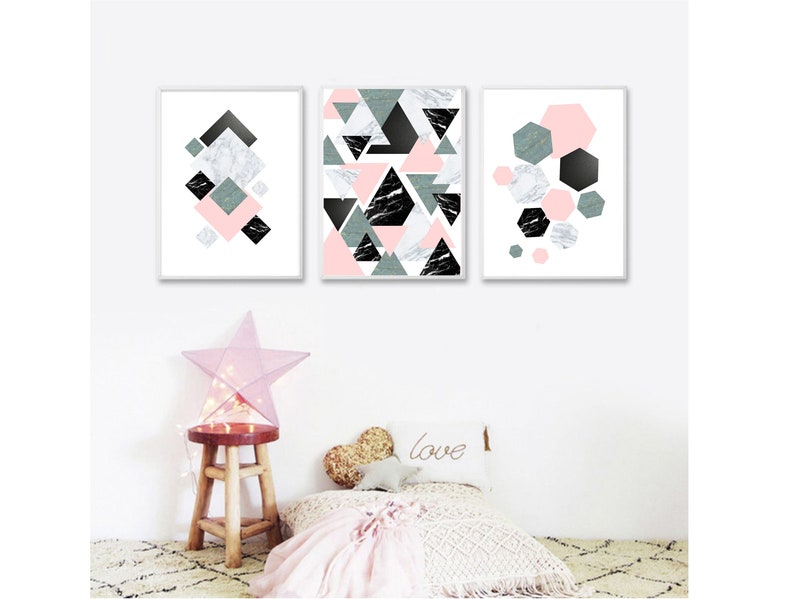 Set of 3 geometric prints pink blue black marble Printable wall art set Digital Prints modern abstract art