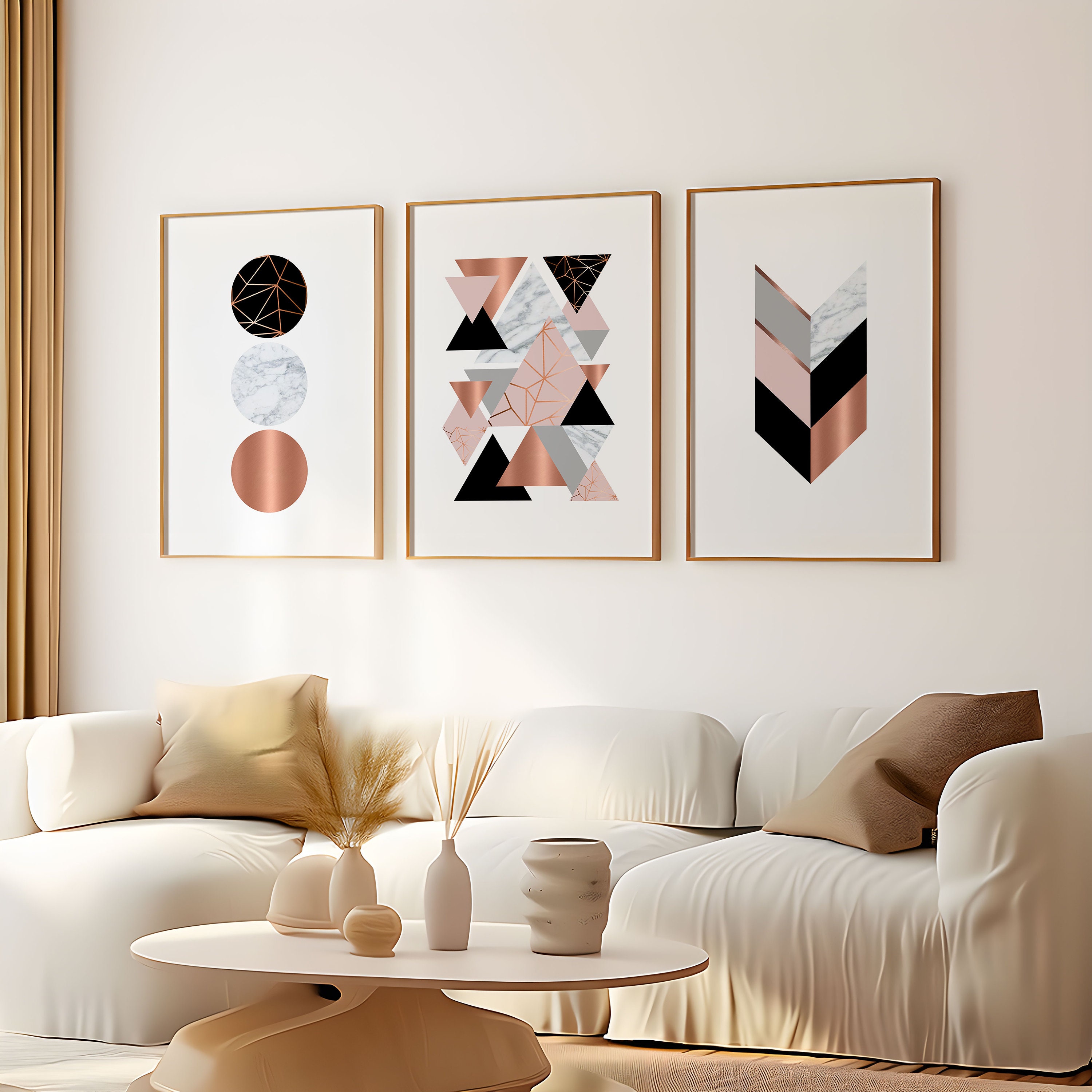 Set of 3 geometric prints pink marble gray rose gold Printable wall art set Digital Prints modern abstract art
