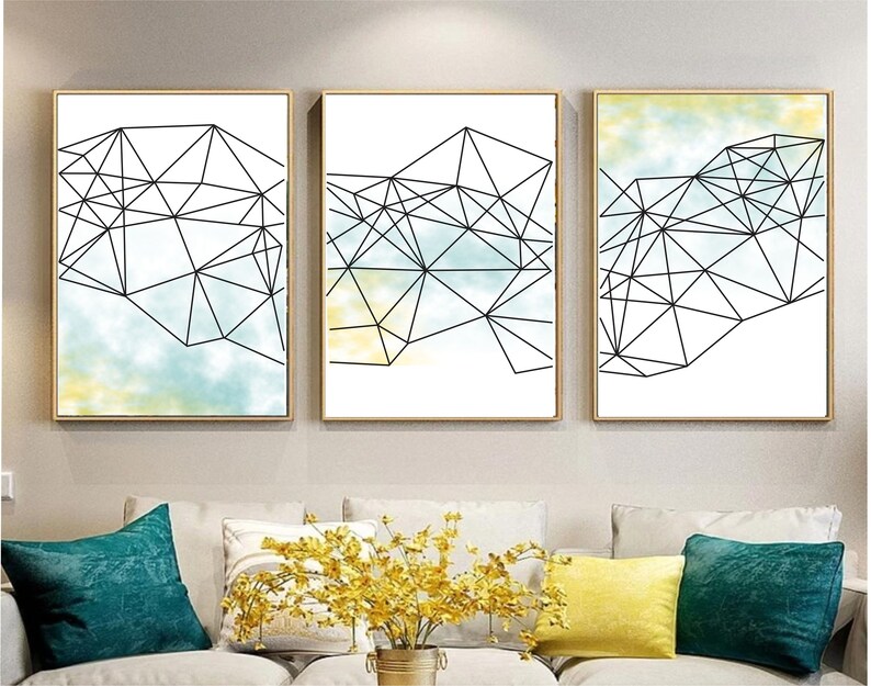 Set of 3 Geometric Prints Blue Printable Wall Art Set Digital Etsy
