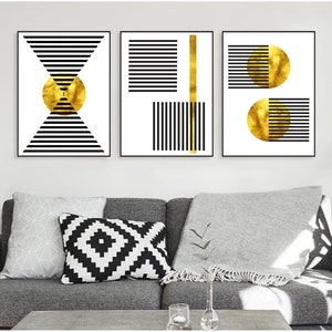 Set of 3 Geometric Prints Gold and Black Vintage Printable Wall Art Set ...