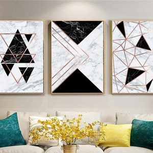 Set of 3 Geometric Prints Rose Gold Black Gray Marble Printable Wall ...