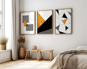 Geometric set of 3 gold black and white Printable wall art prints Digital Prints abstract