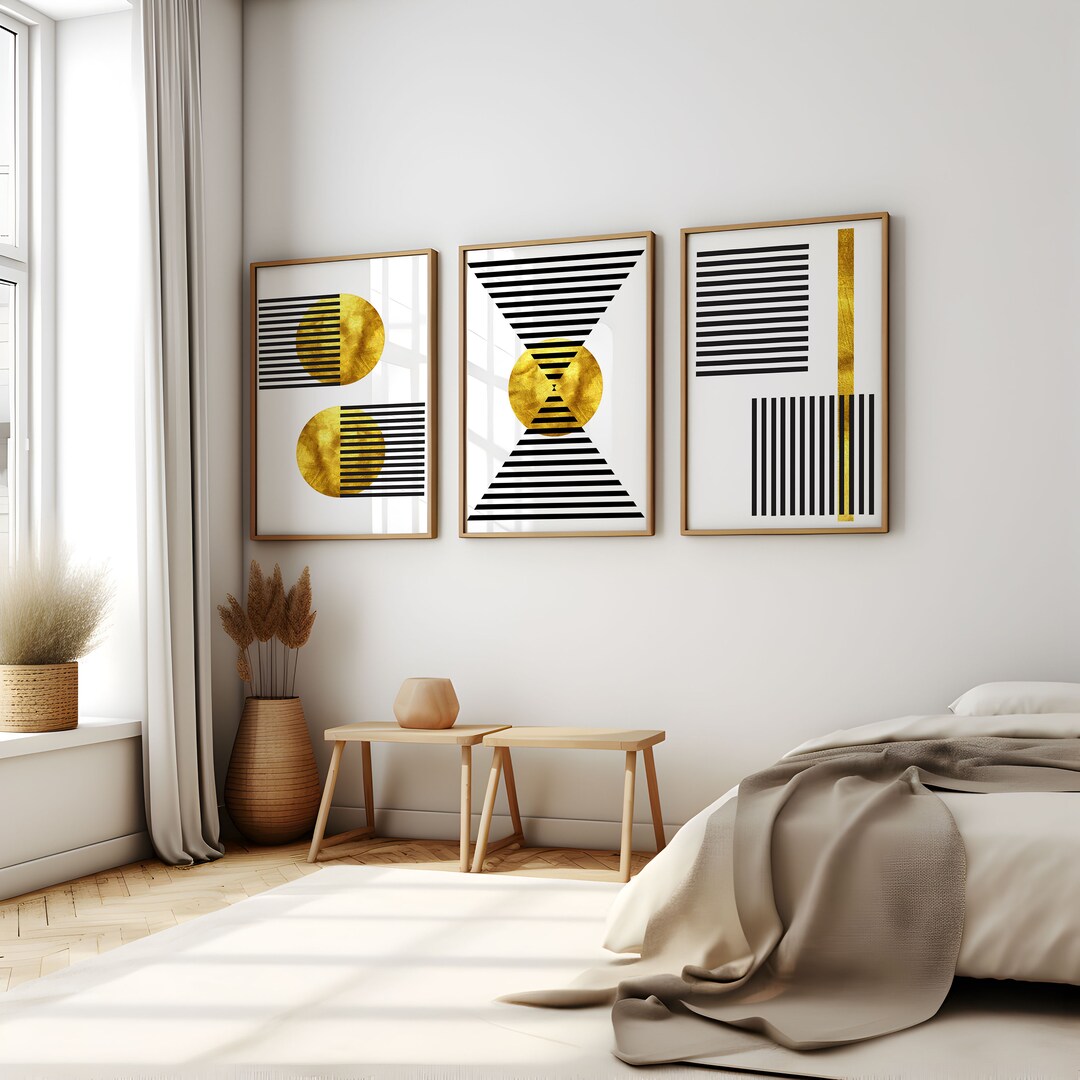 Set of 3 Geometric Prints Gold and Black Vintage Printable Wall Art Set ...