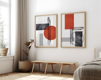 Set of 2 geometric prints red and black Printable wall art set Digital Prints