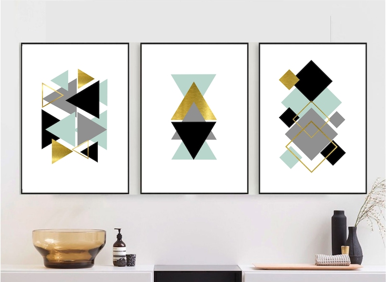 Printable Wall Art Set of 3 Digital Prints Geometric Print Teal and