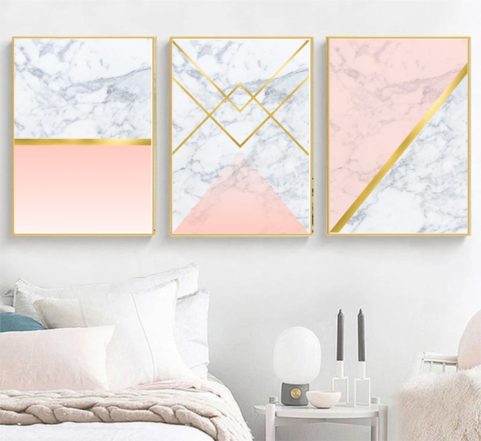 Set of 3 Geometric Prints Marble Gold Pink Printable Wall Art | Etsy