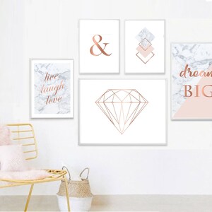 Set of 5 Prints in 3 Sizes Pink Marble Gray Rose Gold Ampersand Diamond ...