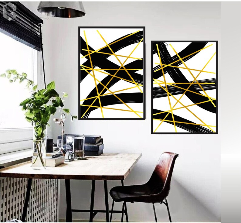 Set of 2 Gold Black and White Abstract Printable Wall Art Set Etsy