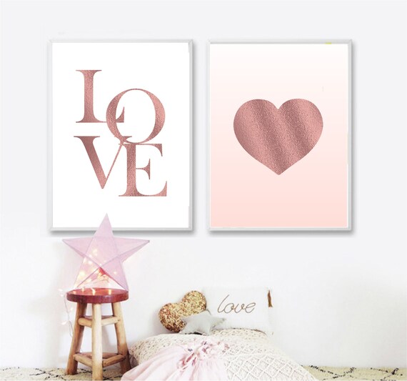 Printable Wall Art Set Of 2 Rose Gold Pink Heart Love Print Digital Prints Metallic