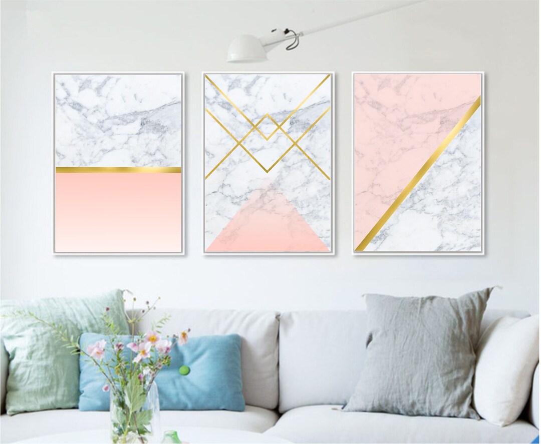 Set of 3 Geometric Prints Marble Gold Pink Printable Wall Art Set ...