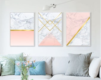 Set of 3 geometric prints marble gold pink Printable wall art set Digital Prints modern home decor bedroom