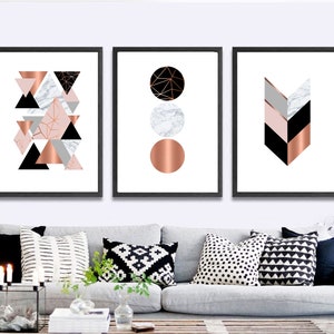 Set of 3 Geometric Prints Pink Marble Gray Rose Gold Printable Wall Art ...