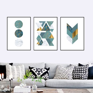 Set of 3 Geometric Prints Teal Blue Gold Printable Wall Art Set Digital ...