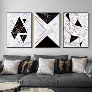 Set of 3 Geometric Prints Rose Gold Black Gray Marble Printable Wall ...