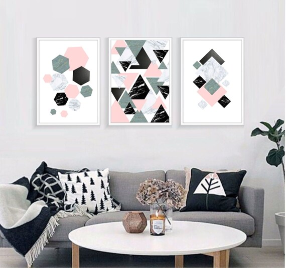 Set of 3 geometric prints pink blue black marble Printable wall art set Digital Prints modern abstract art