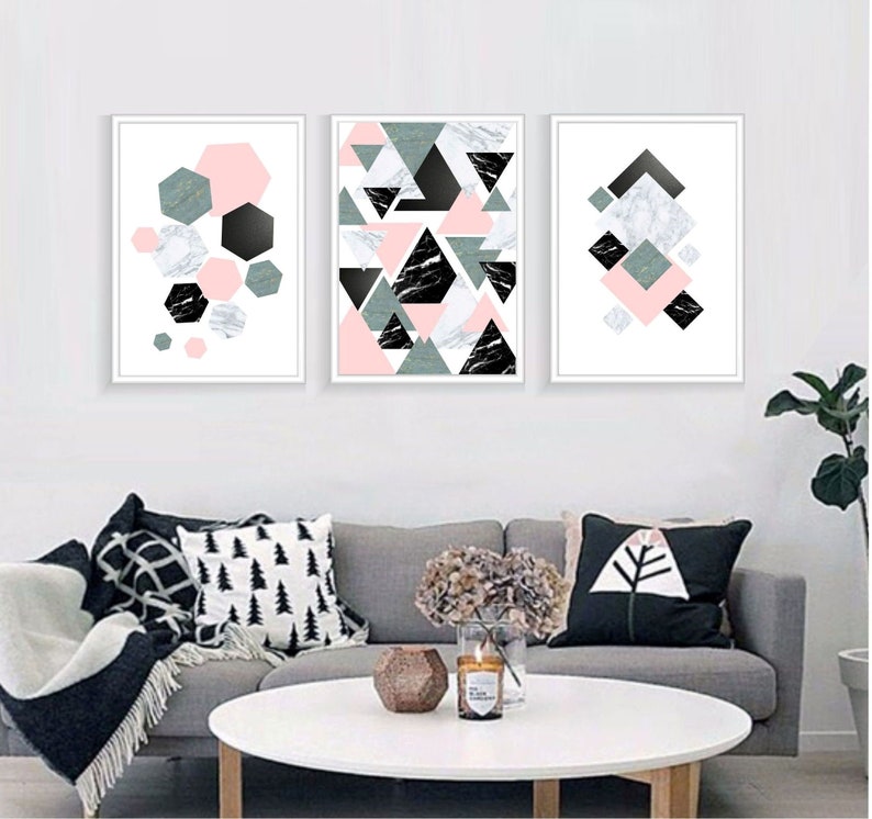 Set of 3 geometric prints pink blue black marble Printable wall art set Digital Prints modern abstract art