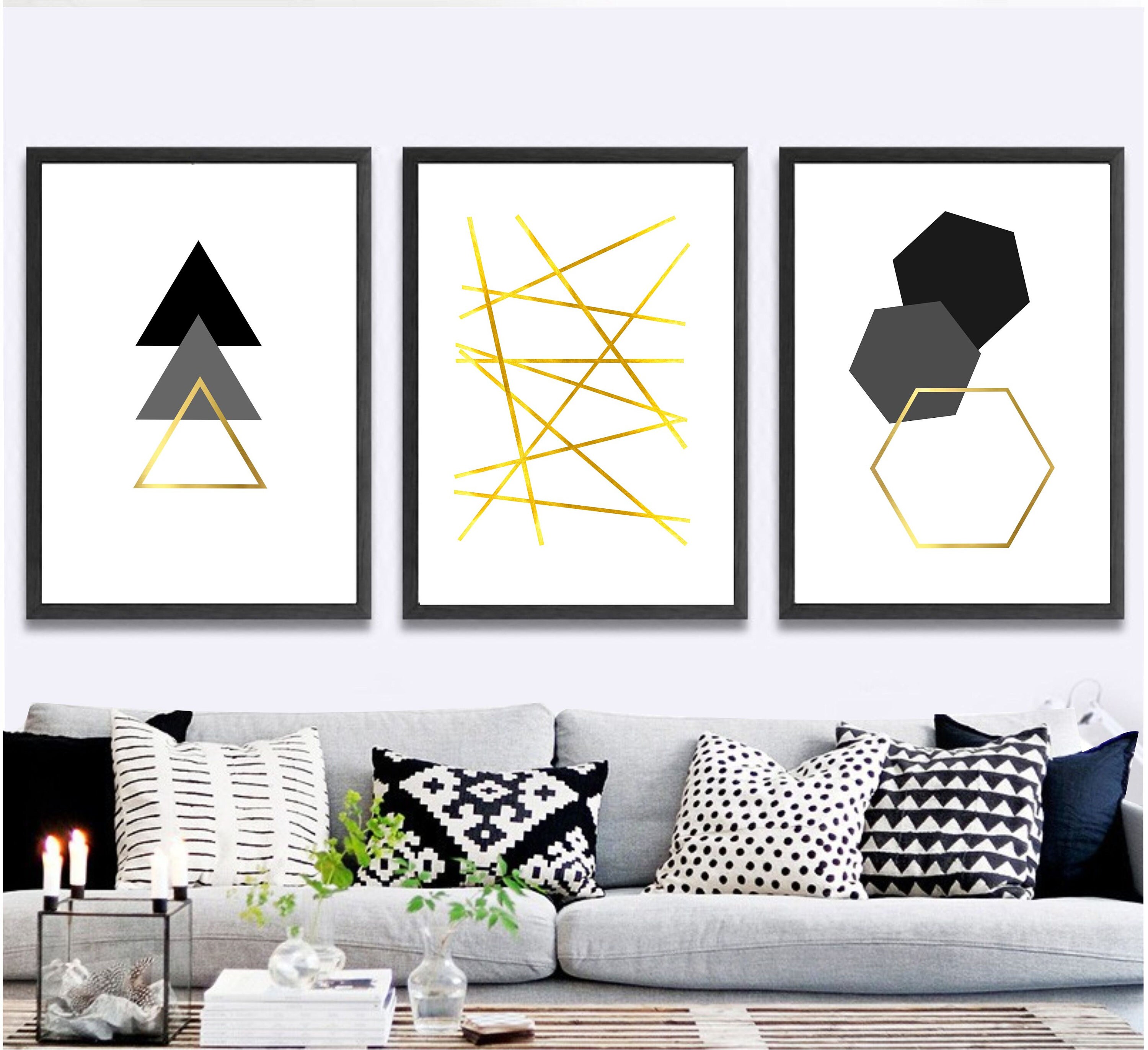 Set of 3 Geometric Prints Black and Gold Printable Wall Art Etsy