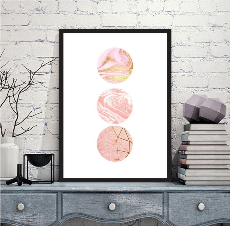 Set of 3 geometric prints pink marble rose gold Printable wall art set Digital Prints modern abstract art