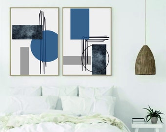 Set of 2 geometric prints blue and black Printable wall art set Digital Prints