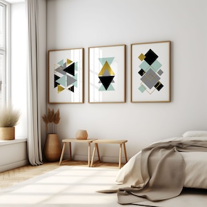 Printable wall art set of 3 Digital Prints geometric print teal and gold printable prints