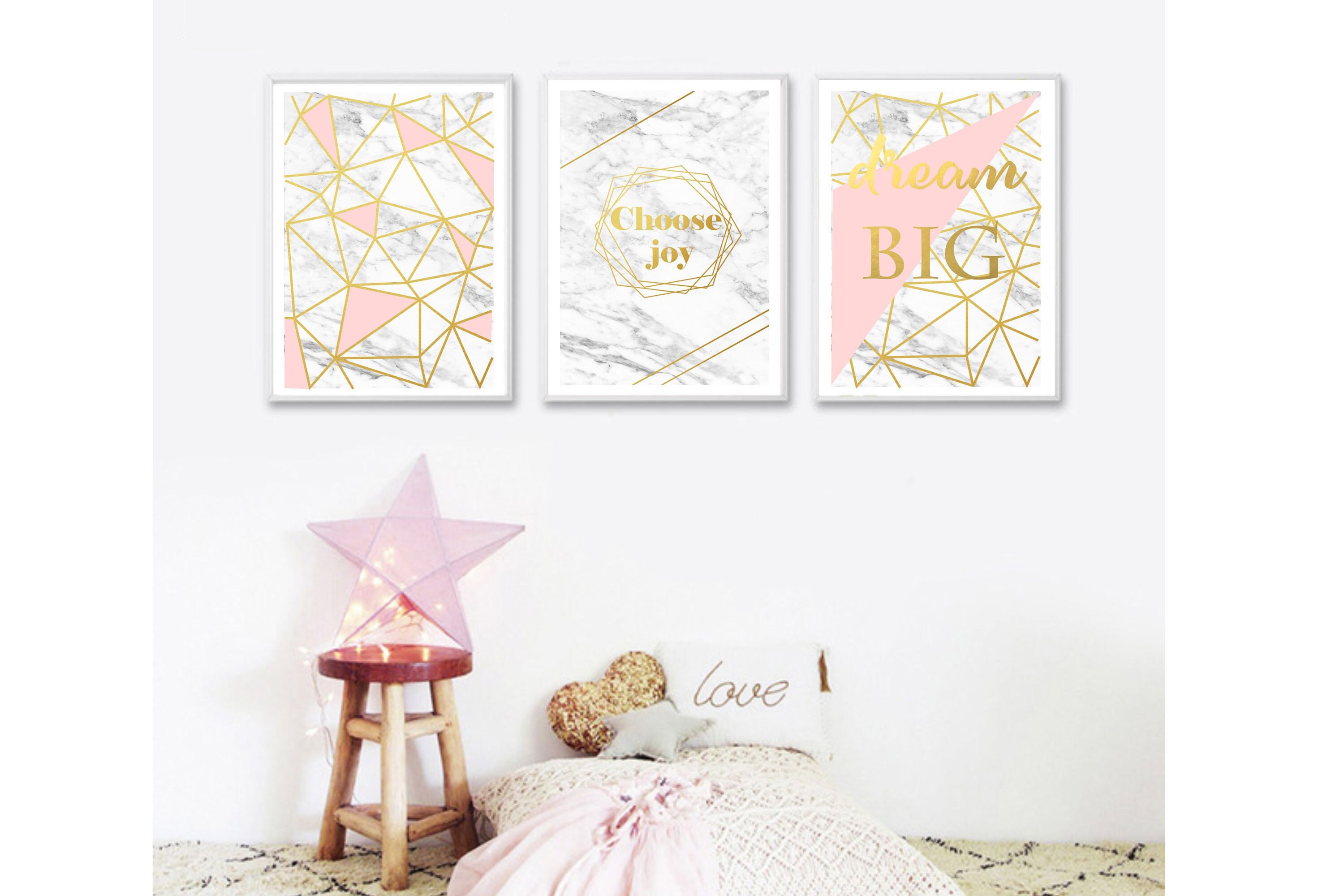 Set of 3 Geometric Prints Pink Marble Gold Printable Wall Art Set ...