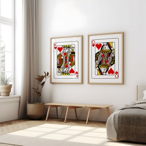 Póster imprimible de rey y reina de corazones, juego de 2 impresiones digitales de arte de pared, cartas de juego doradas