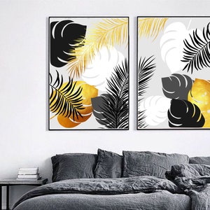 Glam tropical set of 2 black and gold prints palm leaf Printable wall art set Digital Prints