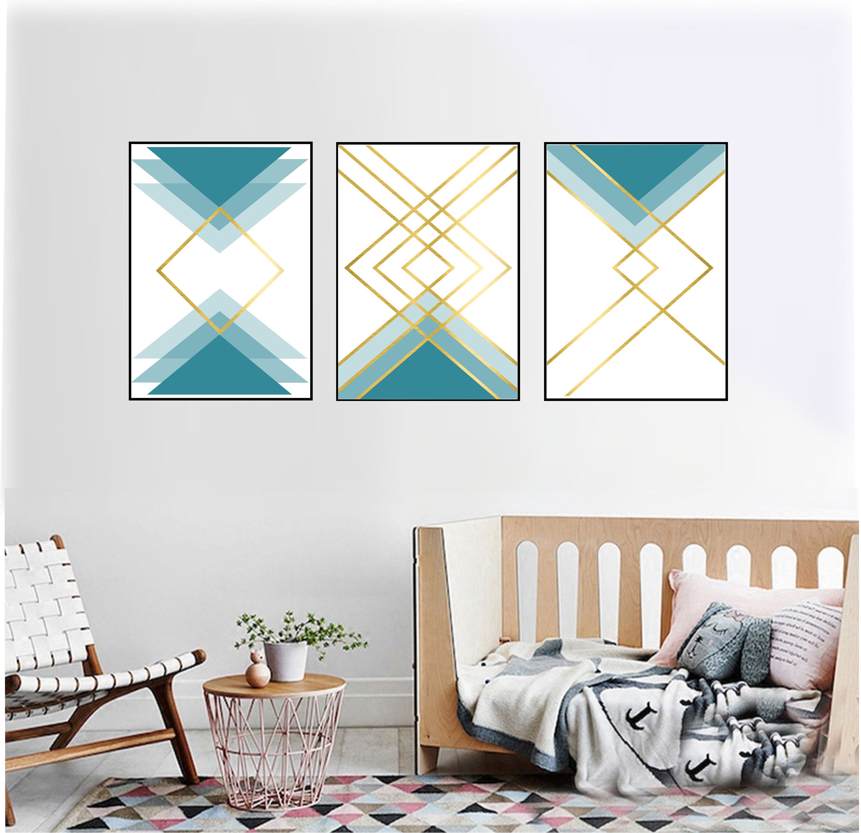 Set of 3 Geometric Prints Blue Gold Printable Wall Art Set - Etsy