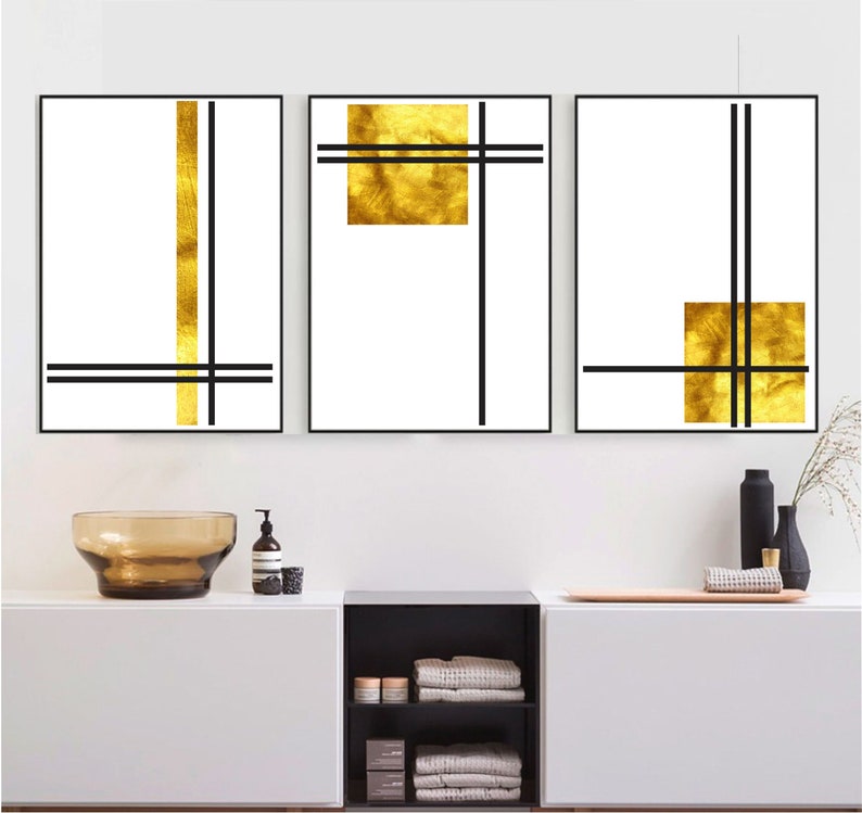 Set of 3 geometric prints gold and black vintage Printable wall art set Digital Prints modern abstract art
