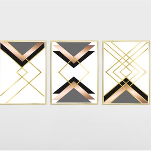 Set of 3 Geometric Prints Black and White Gold and Rose Gold Printable ...