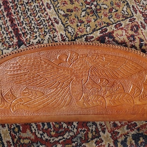 Vintage Mid Century 50s Tooled Leather Clutch Bald Eagle Crown Zipper