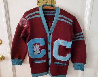 Vintage 40s Englewood Knitting Mills Varsity Cardigan Burgundy Blue