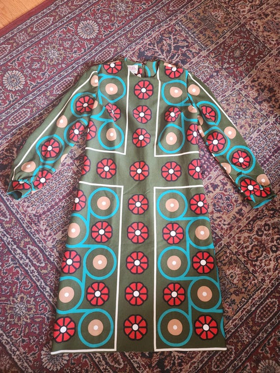Vintage 70s Miss Donna Green Multicolored Mod Dress Size 10 Polyester Talon Zipper