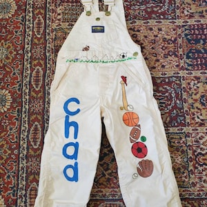 Vintage 80s 90s Osh Kosh Kids Overalls Off White Hand Painted Sports Theme CHAD