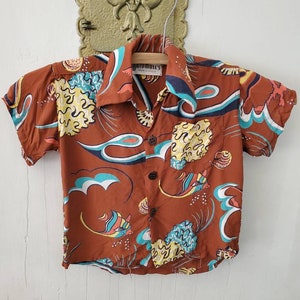 Vintage 40s Watumull&#39;s Honolulu Silk Hawaiian Shirt Kids Rockabilly