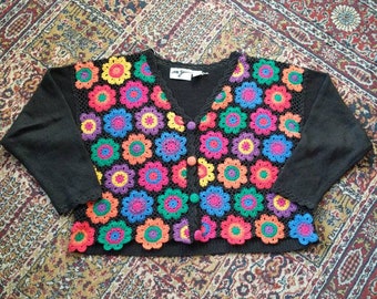 Vintage 90s Grandma Squares Cardigan Ramie Cotton Blend Size Medium