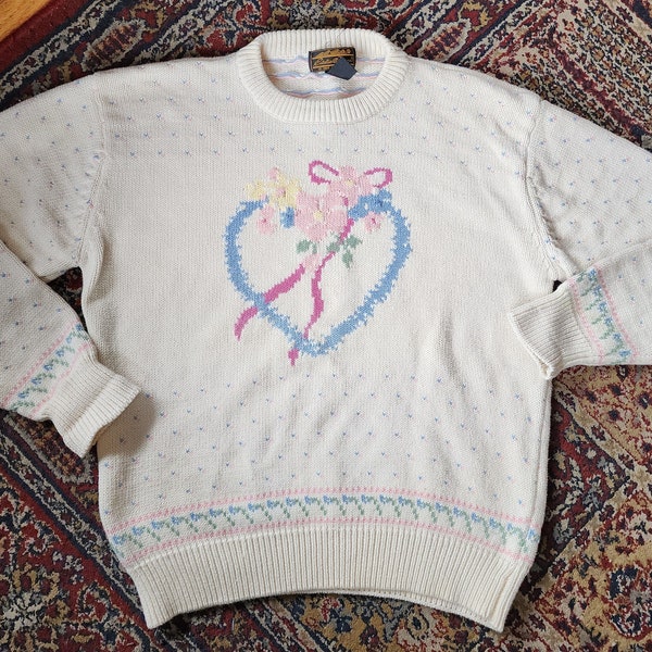 Vintage 90s Eddie Bauer Pullover Sweater Cottage Core Granny Sweater Grannycore Hearts Flowers Size Medium