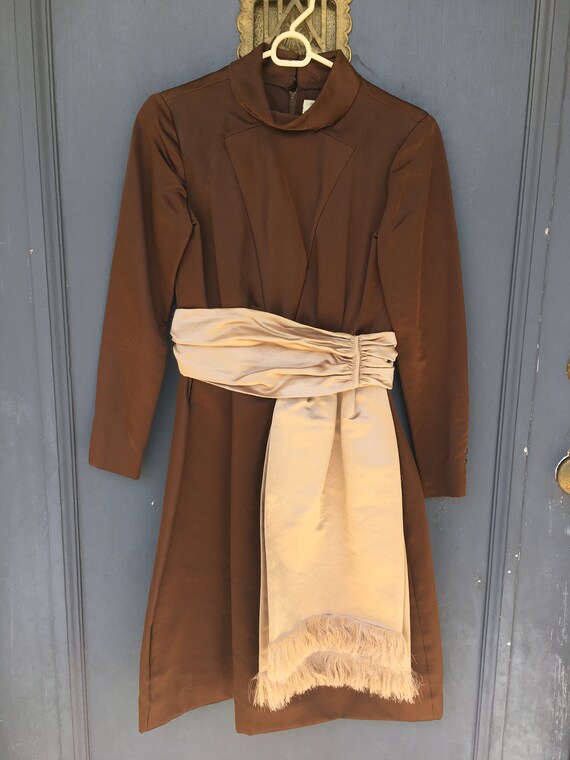 Vintage 60s Teal Traina Brown Dress Sash Scovill Z