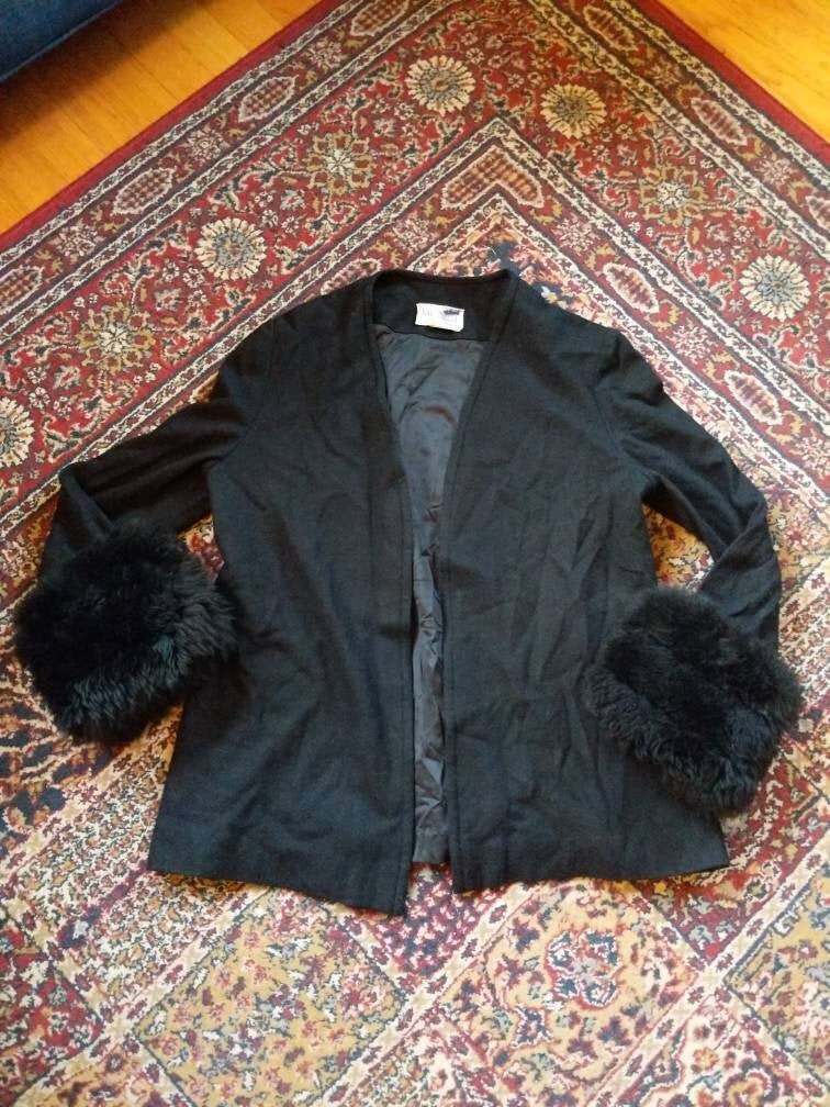 Vintage 60s Lilli Diamond Womens Black Wool Cardigan Jacket Faux Fur Cuffs