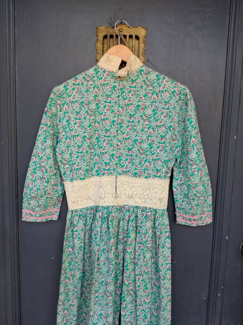 Vintage 60s 70s Womens Floral Maxi Dress Lace Neck Belt Metal Back Zipper