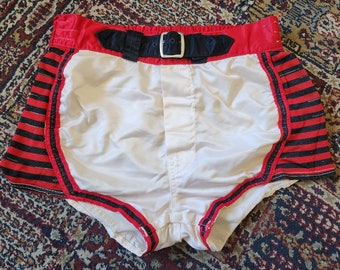 Vintage 50s Wilson High Waist Wrestling Shorts Red Black Stripes White Satin Belted