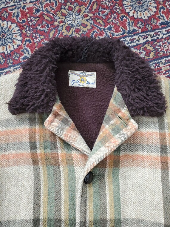 Vintage 50s NELCO Gold Medal Creation Plaid Wool Coat Sherpa  