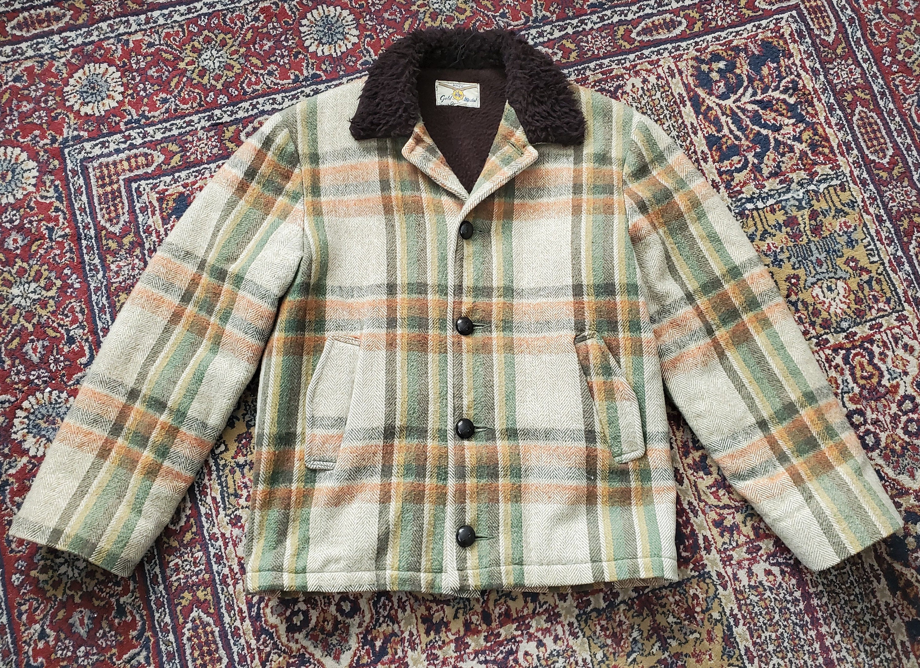 Vintage 50s NELCO Gold Medal Creation Plaid Wool Coat Sherpa  