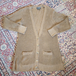 Vintage 90s 00s Donna Karan Black Label Brown Knit Long Cardigan Made in Hong Kong Linen