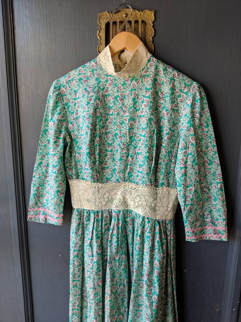 Vintage 60s 70s Womens Floral Maxi Dress Lace Neck Belt Metal Back Zipper