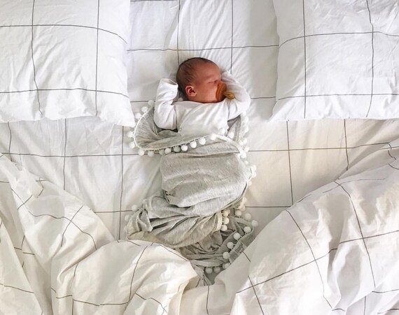 Light Grey Pom Swaddle Blanket