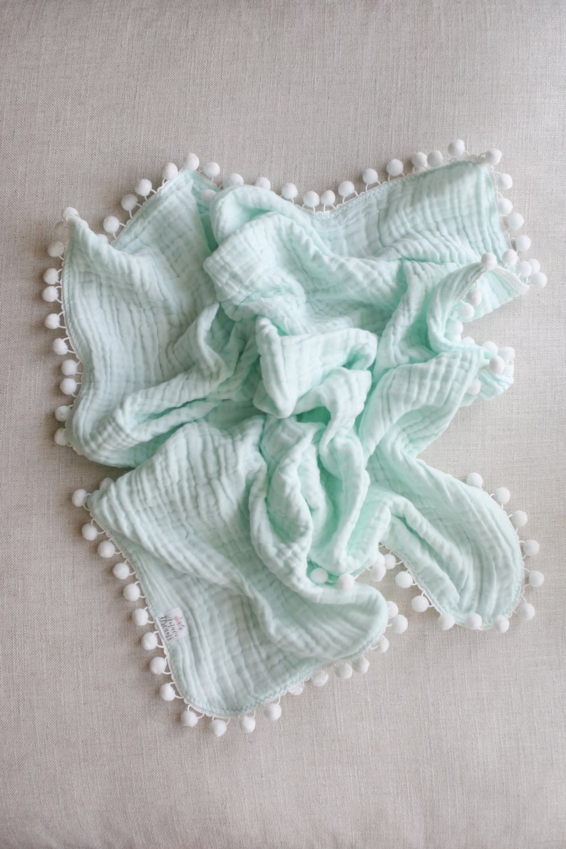 Pom Pom Blanket Mint Green Blanket Baby Blanket Crib Etsy