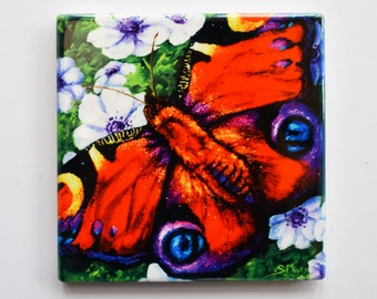 PEACOCK BUTTERFLY COASTER / Ceramic Coasters / Butterfly Coaster / Red Butterfly Coaster / Coasters by Sarah Miles